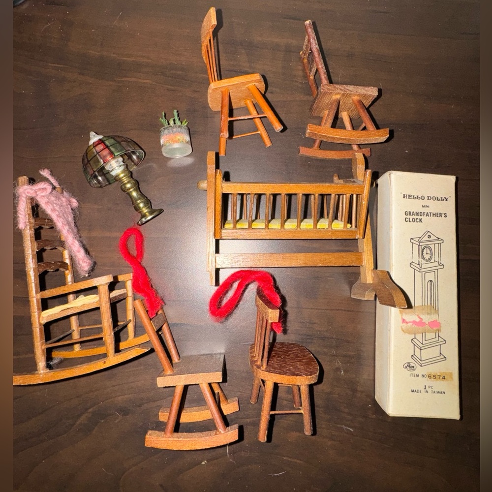 Vintage 1970s Dollhouse Furniture with Hello Dolly Grandfather Clock and Chairs